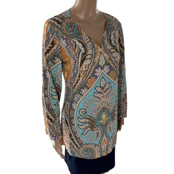 J. McLaughlin Orange Paisley Damask V Neck Tunic Top - Picture 4 of 8